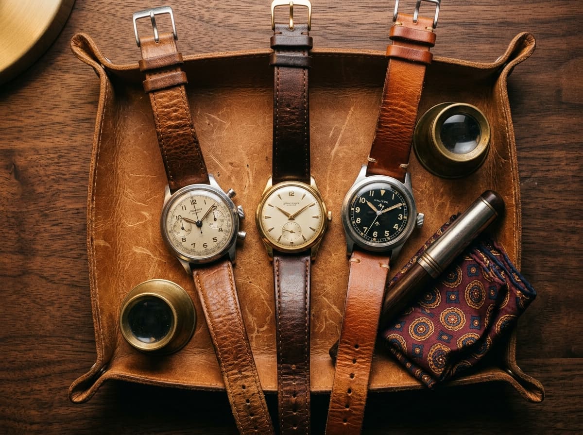 Three vintage wristwatches on tan leather valet tray with loupe and pen