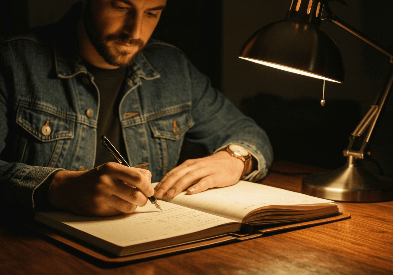 Hand writing in leather ledger with vintage gold dress watch on wrist
