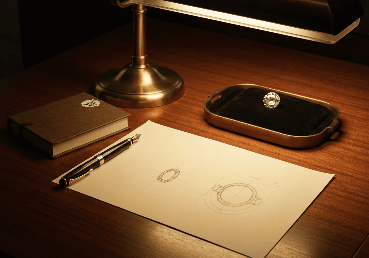 Editorial luxury custom jewelry photograph custom jeweler sketch
