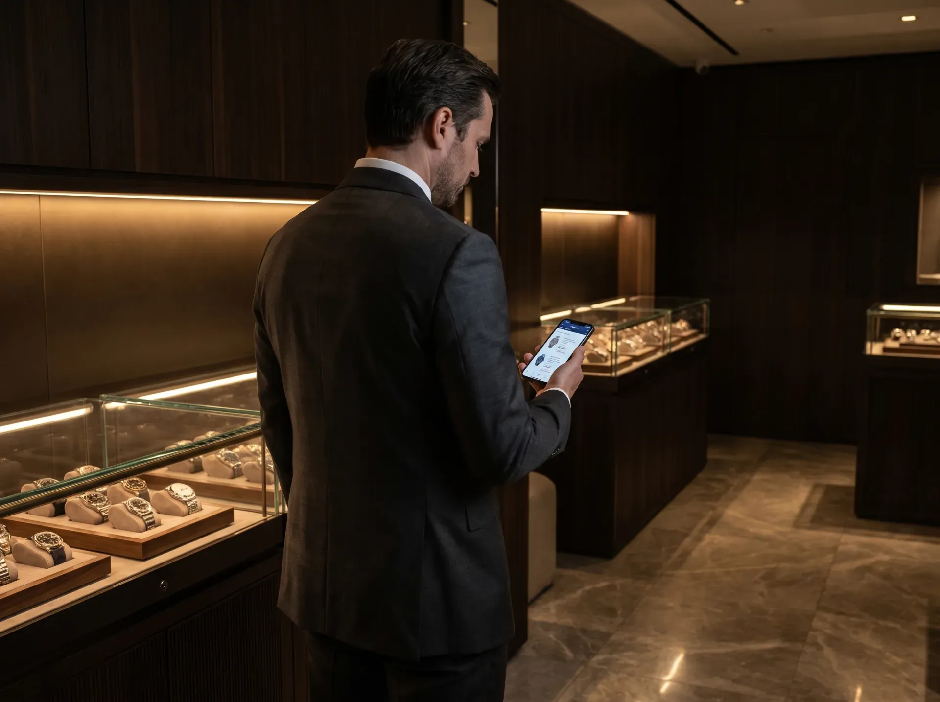 Luxury watch buyer standing in a boutique comparing prices on his phone against gray-market listings