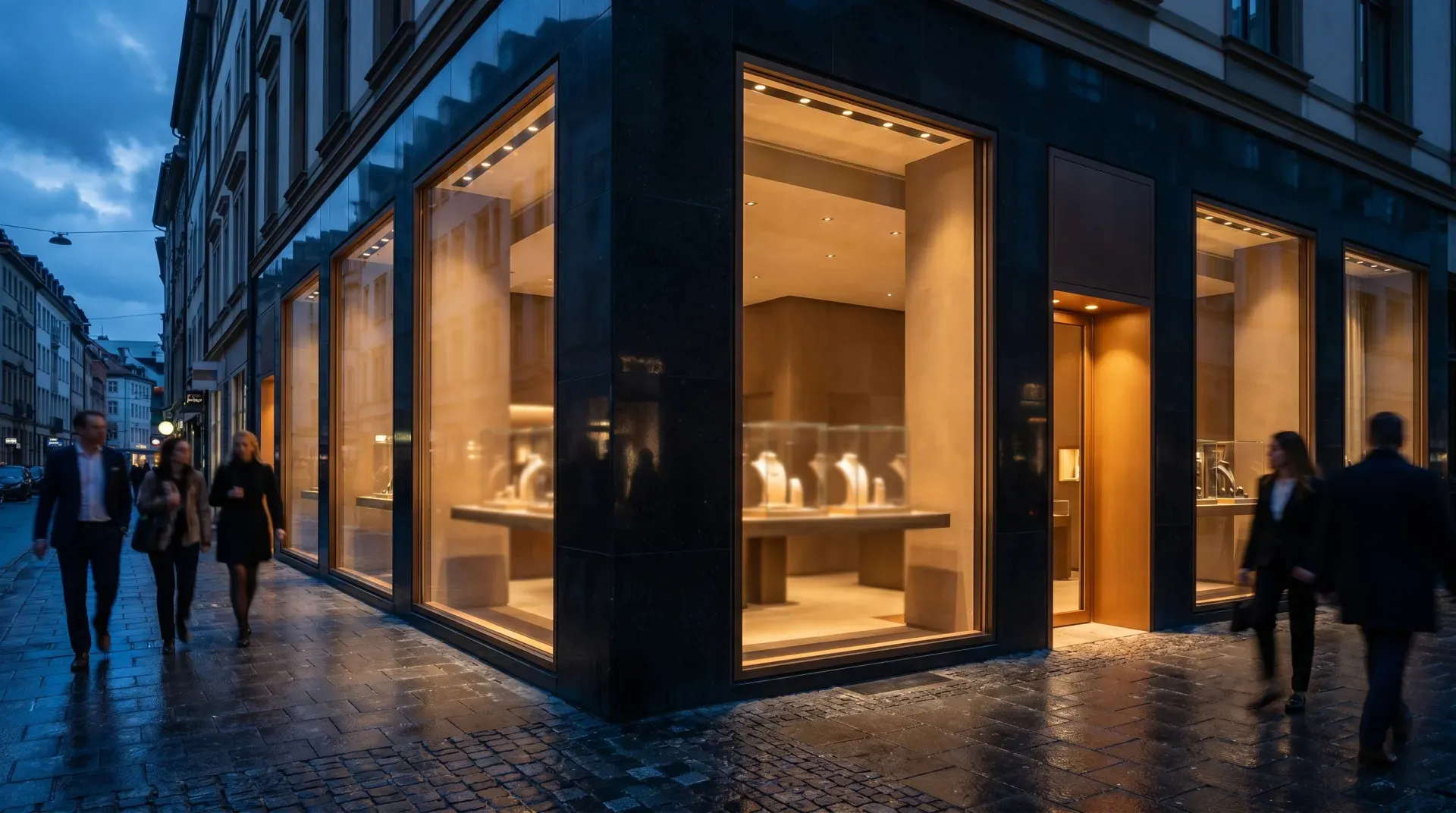Upscale independent jewelry and watch boutique storefront at dusk