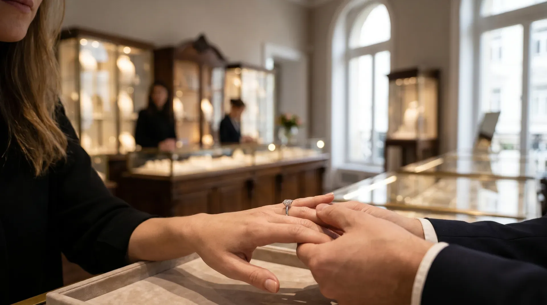 Customer trying on a diamond engagement ring at a luxury jewelry boutique