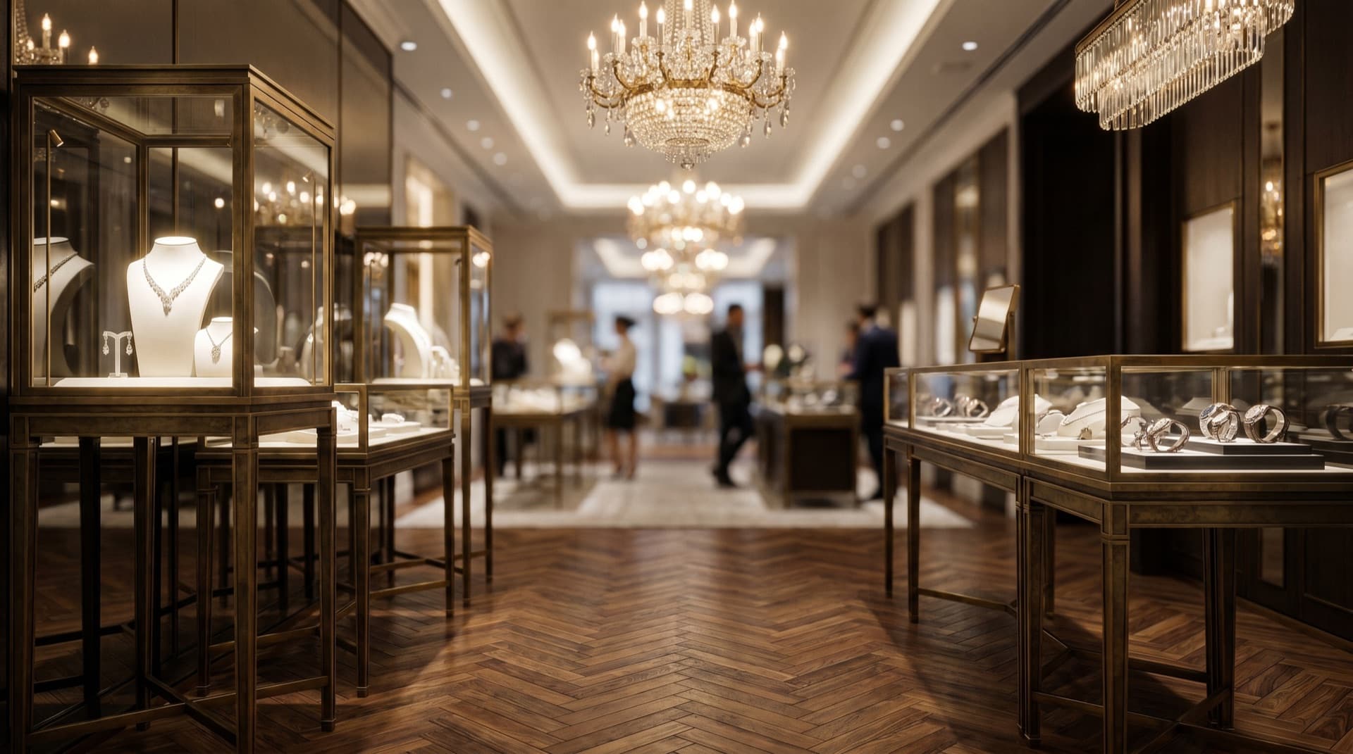 Luxury jewelry showroom with glass display cases, chandelier lighting, and herringbone wood floors