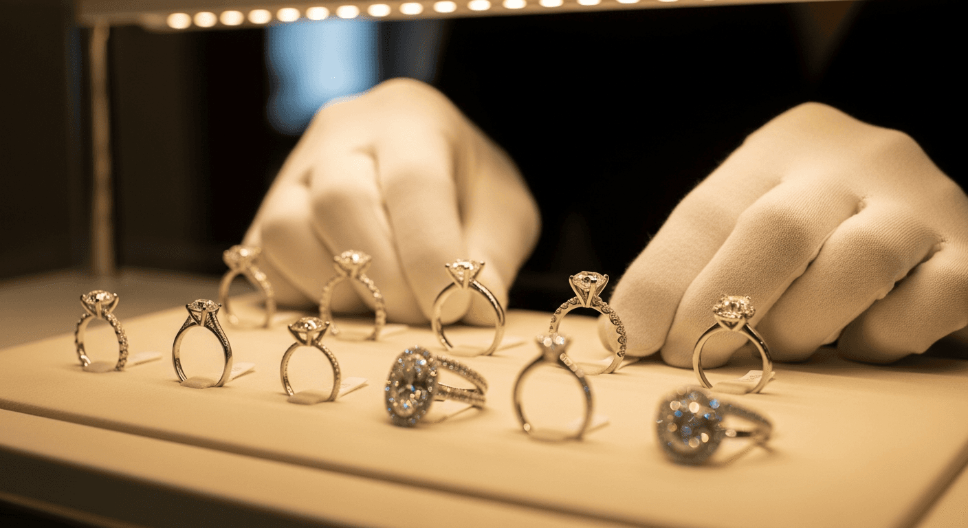 Jeweler arranging engagement rings in a luxury showroom display case