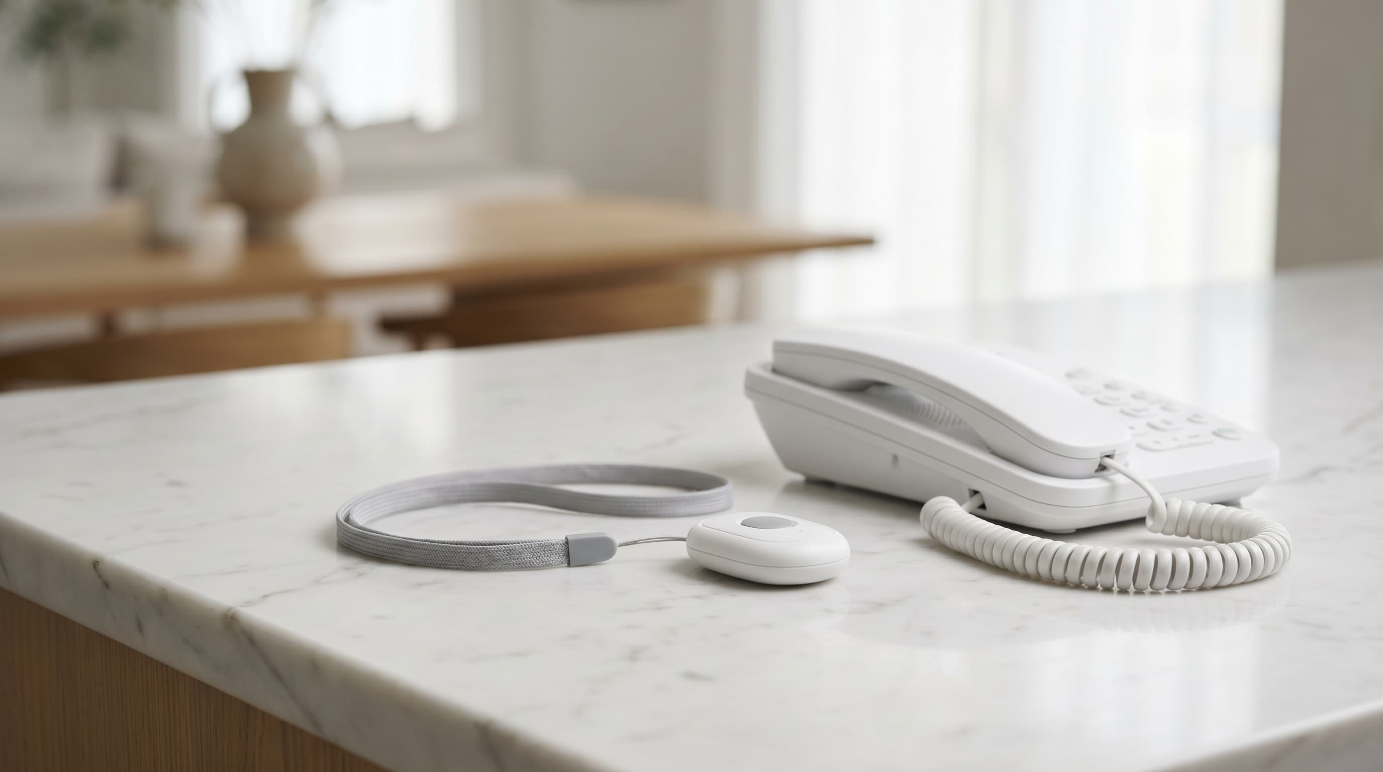 Life Alert personal emergency response pendant and base station on white marble counter in modern home setting