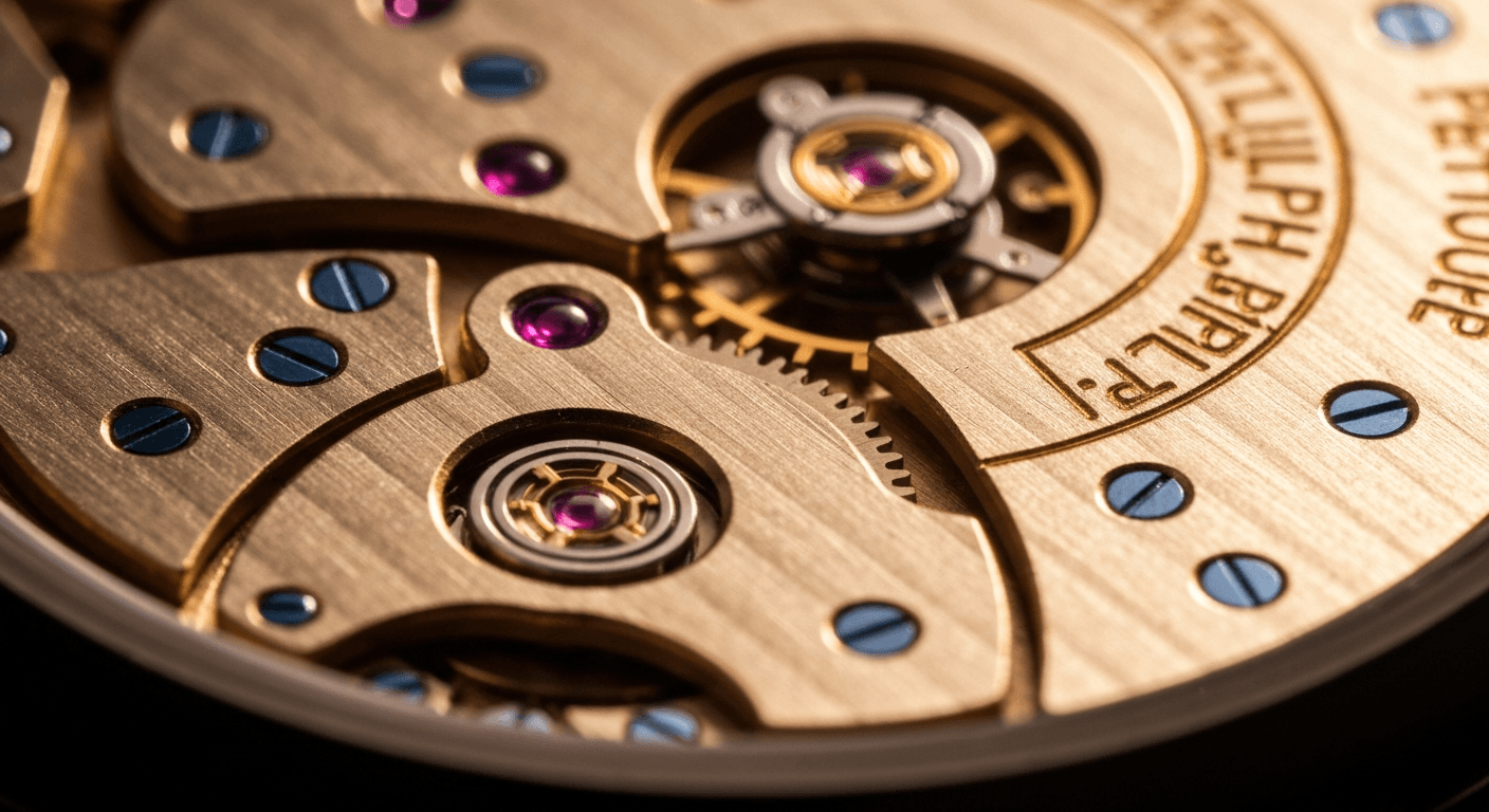Abstract macro of brass watch movement bridges and ruby jewels