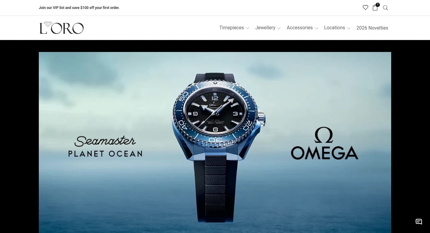 L’ORO homepage with its watch and jewelry navigation and Omega collection feature