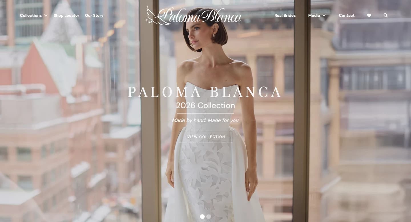 Paloma Blanca homepage with its navigation and 2026 bridal collection