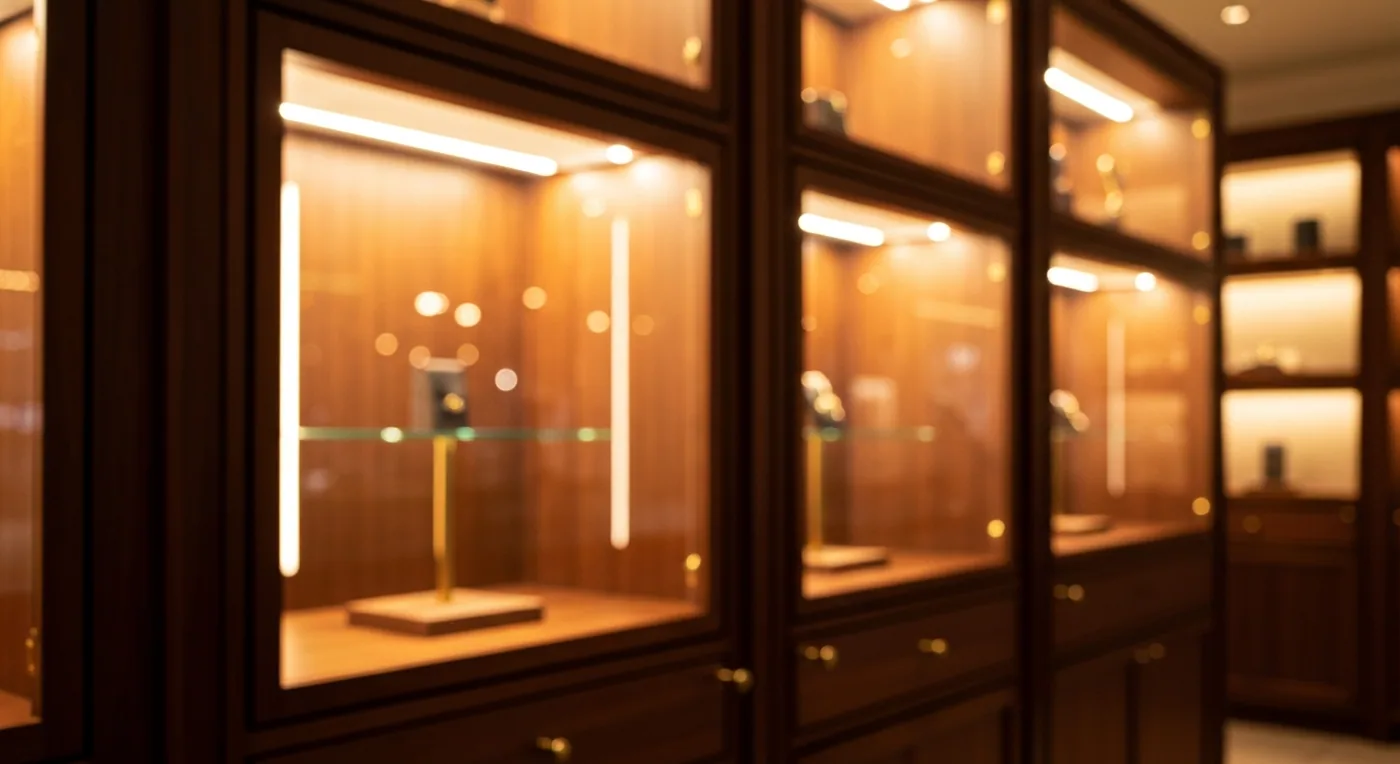 Abstract bokeh of warm-lit walnut showroom vitrines