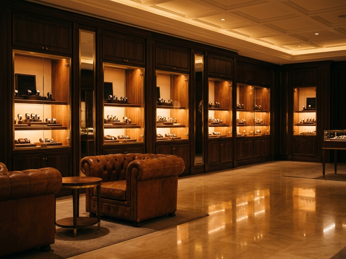 Luxury watch boutique interior with walnut vitrines and leather lounge chairs