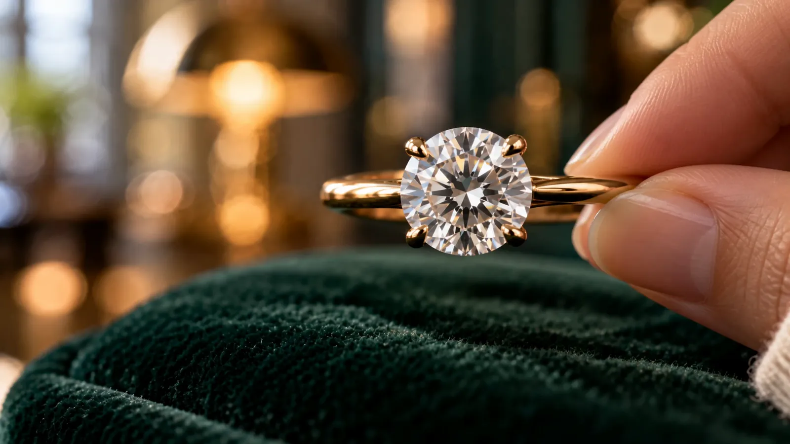 A round diamond solitaire held above deep-green velvet